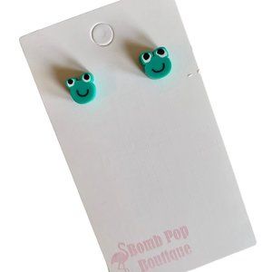 Upcycled Button Mini Frog Stud Earrings - Tiny Toad Jewelry - Kawaii Froggy